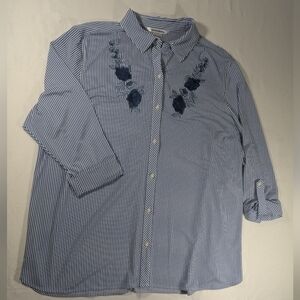 Nygard Blue & White Striped Button-Up Shirt Embroidered Floral Accents Size 3X